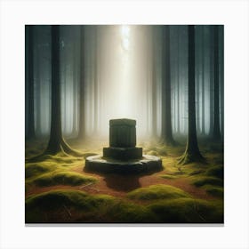 In the heart of the misty woods, where whispers of forgotten secrets dance in the gentle breeze, an ancient stone altar stands as a silent guardian, its weathered surface etched with runes that speak of a forgotten past. Canvas Print
