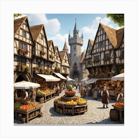 Medieval Market In A Sunlit Village Canvas Print