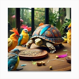 Tortoise With Feather On Is Shell Sneaking Into The Bird S Party And Making Himself At Home (1) Canvas Print