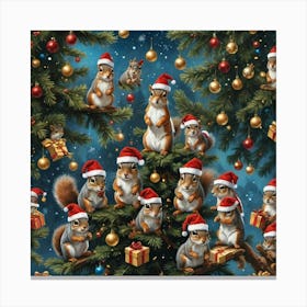 Squirrels On Christmas Tree Canvas Print