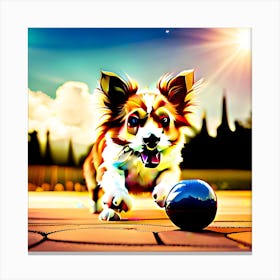 Dog Playing With Ball Canvas Print