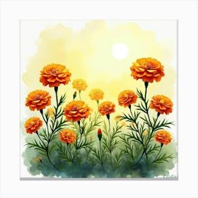 Bright Watercolor Marigolds In A Sunny Garden Scene Canvas Print