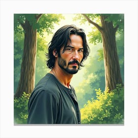 Watercolor Painting Of Keanu Reeves In A Tranquil Forest With Soft Light Canvas Print