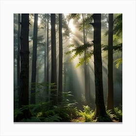 A Misty Morning In A Dense Forest With Rays Of Sunlight Filtering Through The Trees Canvas Print