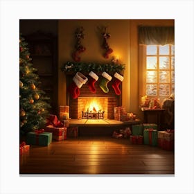 Cozy Christmas Eve Crackling Fireplace Casting A Soft Glow On The Elaborate Decorated Tree Toys Su 2 1 Canvas Print