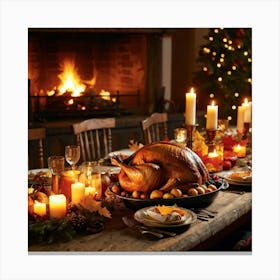 An Inviting Feast Unfolds In A Homey Abundant Setting Right At The Center A Roasted Turkey Radiati (1) Canvas Print