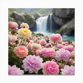 Pink Roses In Front Of Waterfall 3 Canvas Print