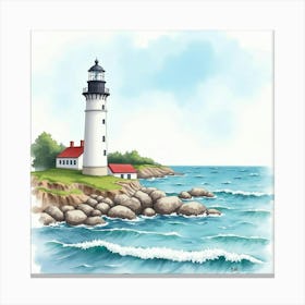 Scenic Coastal Lighthouse In Watercolor, With Waves And Rocky Shores Canvas Print