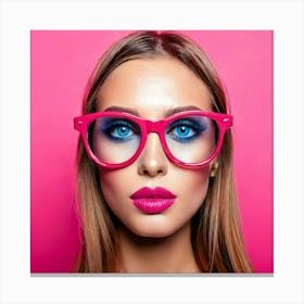 Firefly Blue Eyes, Fashion, Pink Glasses, Pink Lips, Pink Background, Glass Lens, Stylish, Vibrant, (8) Canvas Print