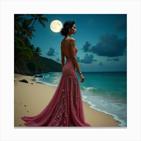 Beautiful Woman On The Beach At Night 2 Canvas Print