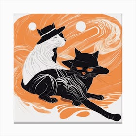A Silhouette Of A Cat Wearing A Black Hat And Laying On Her Back On A Orange Screen, In The Style Of Canvas Print