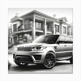 A Pencil Drawing Of A Range Rover Sport In Front Of A Beautiful Modern Mansion 2 Canvas Print