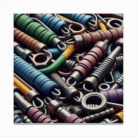 A close-up of a collection of colorful metal springs, hooks, and hardware. Canvas Print