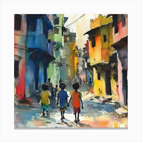 Children Walking Down The Street Canvas Print