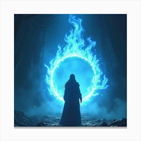 Warrior Standing Before A Portal Glowing With Blue Flames Canvas Print