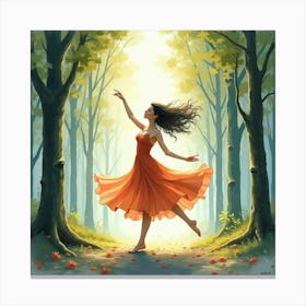 Fluid Movement Of Dancer In A Watercolor Forest 1 Canvas Print