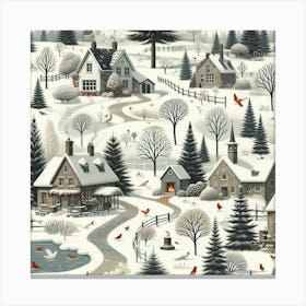 Winter Village With Ponds And Snowy Trees Canvas Print