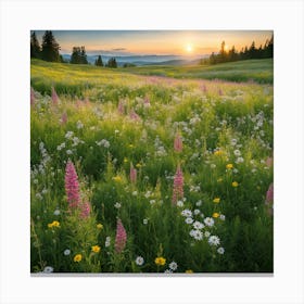 Wildflowers At Sunset, Landscape Of A Meadow With Wildflowers In Bloom art print 1 Canvas Print