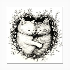 Delicate Ink Drawing of Cats Love Heart 6 Canvas Print