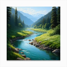 River Meandering Through A Lush Valley Showcasing The Curves Shaped By Erosion Reflections Of The Canvas Print