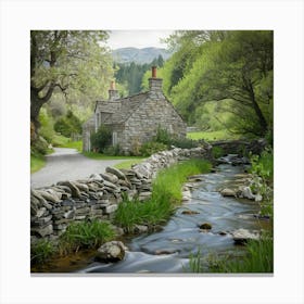 Stone Cottage By The Stream Canvas Print