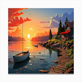 Sunset By The Lake,Beautiful sea landscape with water and nature Canvas Print