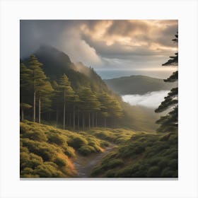 Sunrise In The Mountains, Pine trees Landscape Canvas Print
