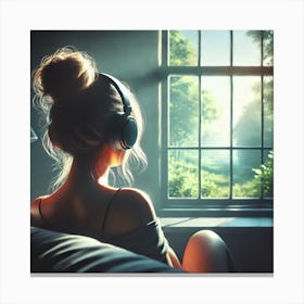 Peaceful Music Moment Wall Art: A Serene Scene of a Woman with Headphones Relaxing by a Window for Calm and Inspiring Home Decor Print Art Canvas Print