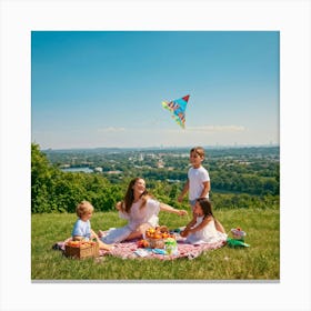 Family Of Four Laughing Picnic Setup On A Vibrant Green Hilltop With A Sun Kissed Backdrop Kite F (2) Canvas Print