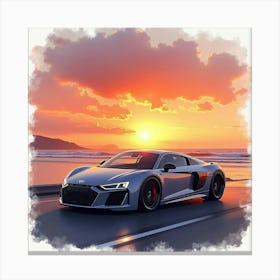 Sleek Luxury Car With A Stunning Sunset Horizon, Watercolor Painting 1 Canvas Print