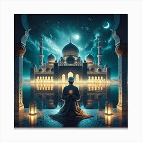 Muslim Man Praying In Front Of Mosque Canvas Print