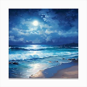 AI Tranquil Beach Scene Beneath A Luminous Moonlit Sky Canvas Print