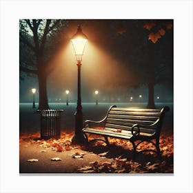 Lonely Park Bench at Dusk Wall Art: A Melancholic Scene with Autumn Leaves and Soft Streetlamp Glow for Reflective Decor Print Art Canvas Print