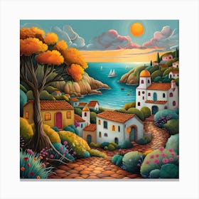 Mediterranean Village, Naive, Whimsical, Folk Canvas Print