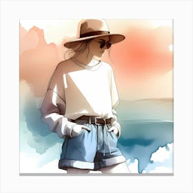 Girl In Shorts And Hat Canvas Print