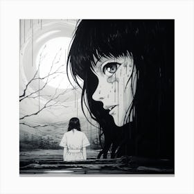 Girl Looking At The Moon black and white manga Junji Ito style Canvas Print