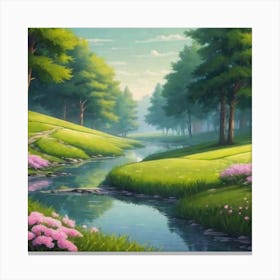 Pink Flowers In A Stream Canvas Print