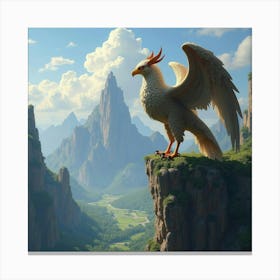 A Fierce Griffin Perched On A Craggy Cliff, Overlooking A Vast Kingdom 1 Canvas Print