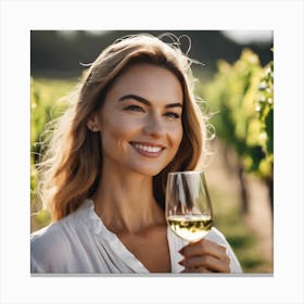 Woman Drinking Wine In Vineyard Canvas Print