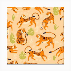 Tiger Pattern On Beige With Green Tropical Leaves Square Canvas Print