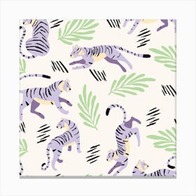 Pastel Purple Tiger Pattern On White Square Canvas Print