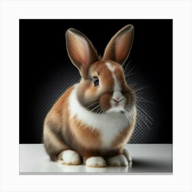 Cute Brown and White Rabbit Sits on a White Table with a Black Background Canvas Print