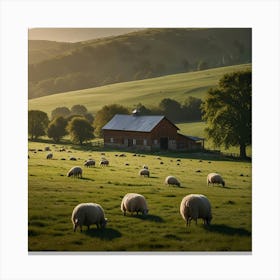 A Picturesque Countryside With Rolling Hills, Grazing Sheep, And A Quaint Farmhouse Canvas Print