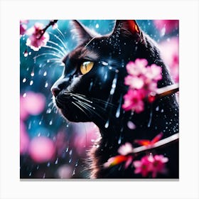 Black Cat amongst the Cherry Blossom Trees on a Rainy Day 1 Canvas Print