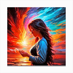 Woman Looking At Her Phone Canvas Print