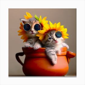 Kittens And Sunflowers In Pots 2 Canvas Print