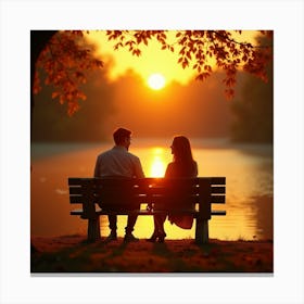 Couple Sitting On Bench At Sunset Canvas Print