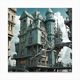 Steampunk Resort Tower In City Cubism Style Canvas Print