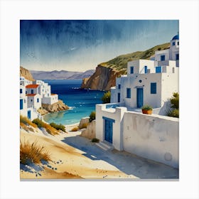 Village Of Santorini.Summer on a Greek island. Sea. Sand beach. White houses. Blue roofs. The beauty of the place. Watercolor. Canvas Print