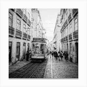 Black And White Photo Lisbons Vintage Tramway Weaving Through Narrow Historic City Streets Tram D (3) Canvas Print